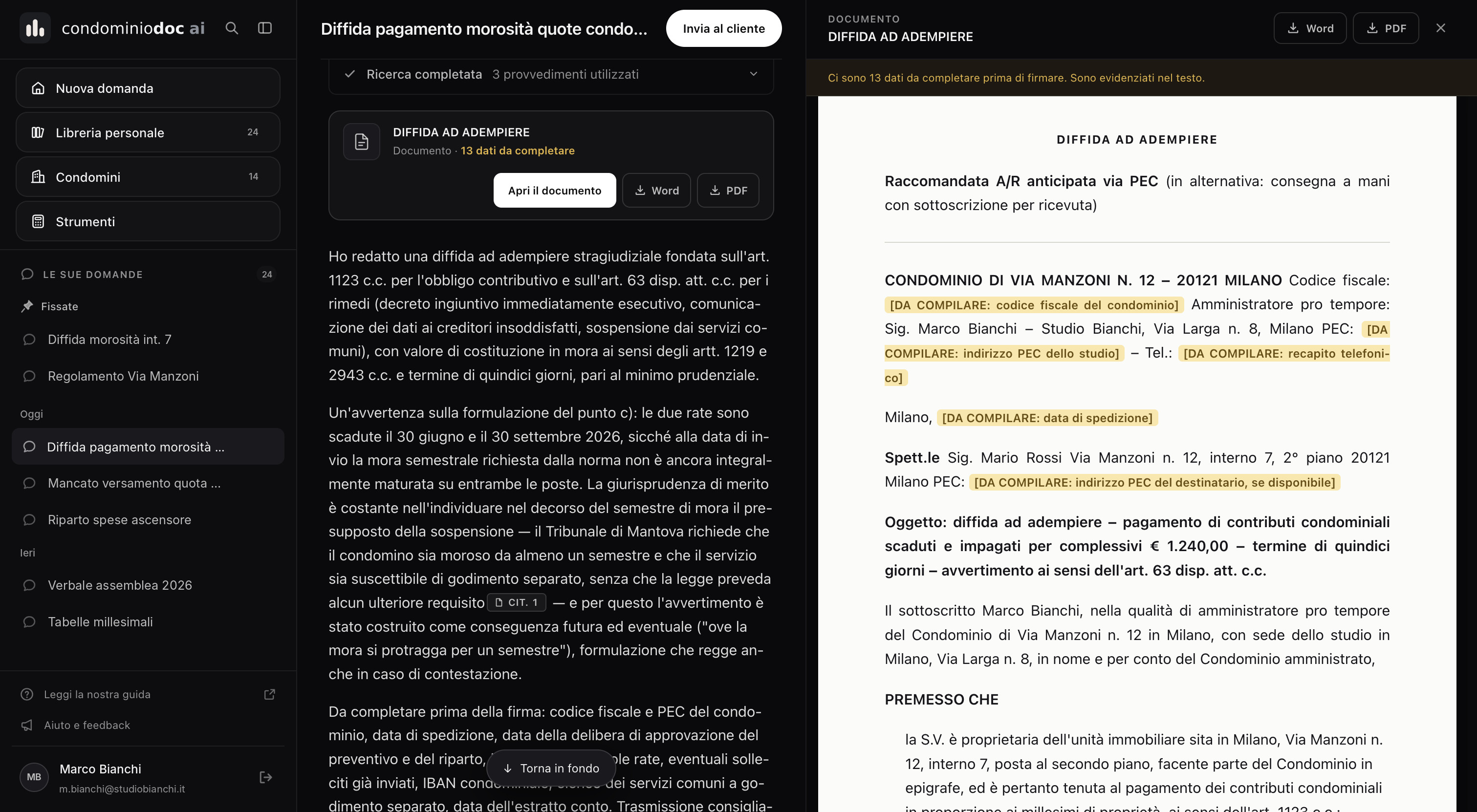 Interfaccia di CondominioDoc AI: diffida ad adempiere redatta dall’assistente, con i dati da completare evidenziati e l’esportazione in Word e PDF